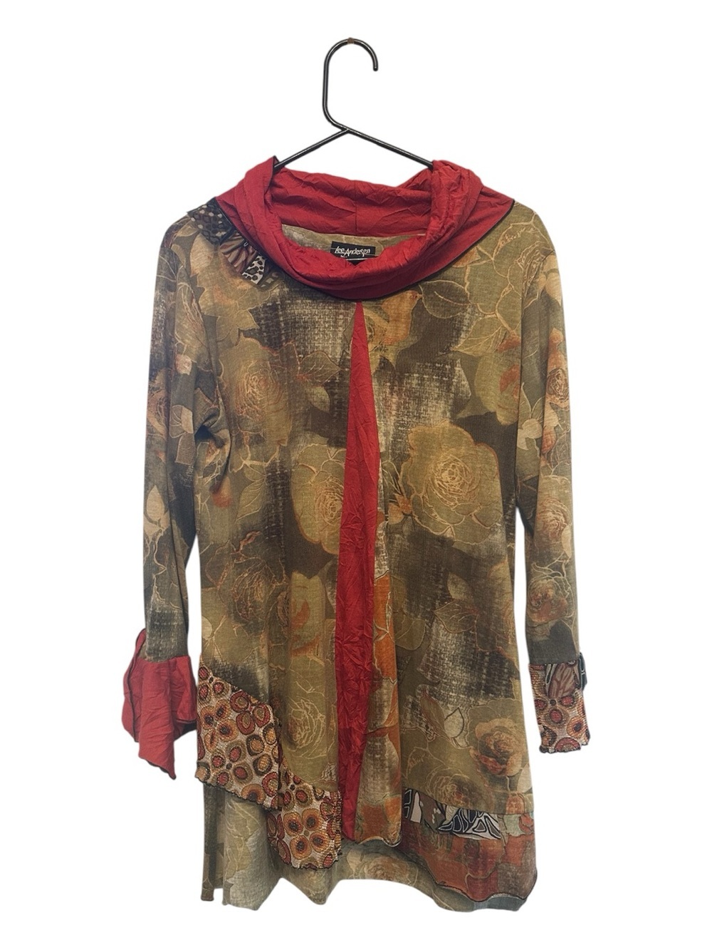 Vintage 90’s/Y2K Lee Anderson Red-Trim Mixed Fabrics Floral Tunic Top Small